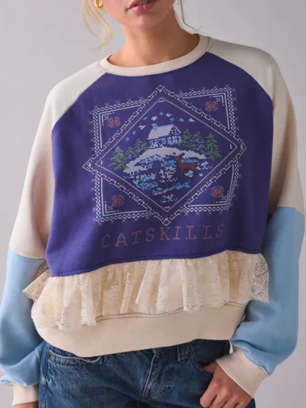 BDG Raven Crafty Lace Trim Patchwork Graphic Pullover NWT